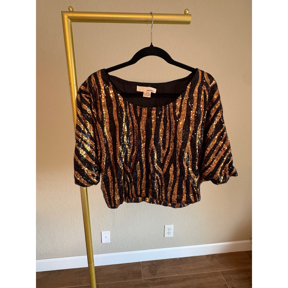 Sans Souci Womens Gold Black Sequin Animal Print Crop Top Dolman Sleeve Large